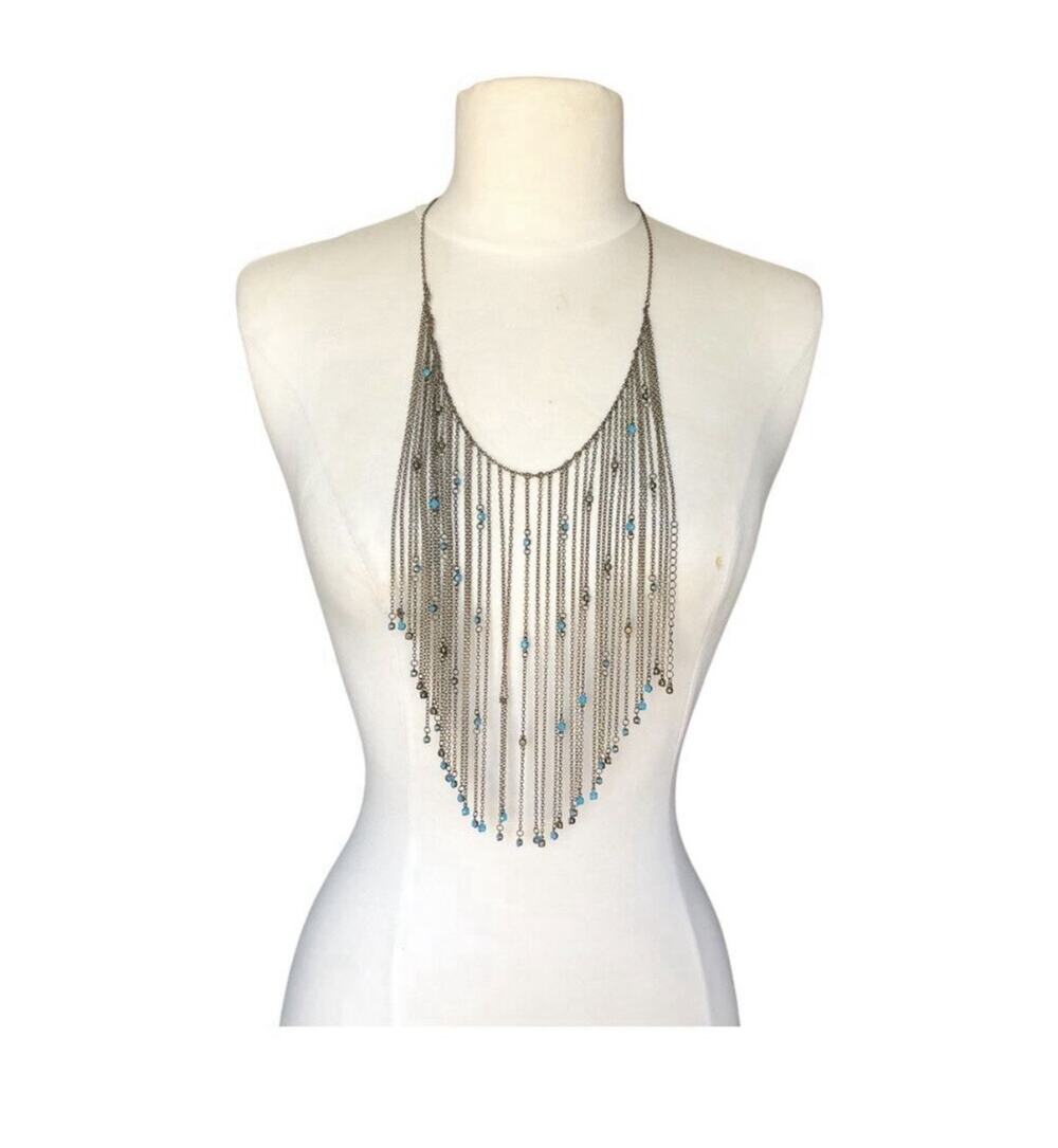 CN Signed Gunmetal Fringe Necklace Blue Bead Waterfall Bib Boho Statement